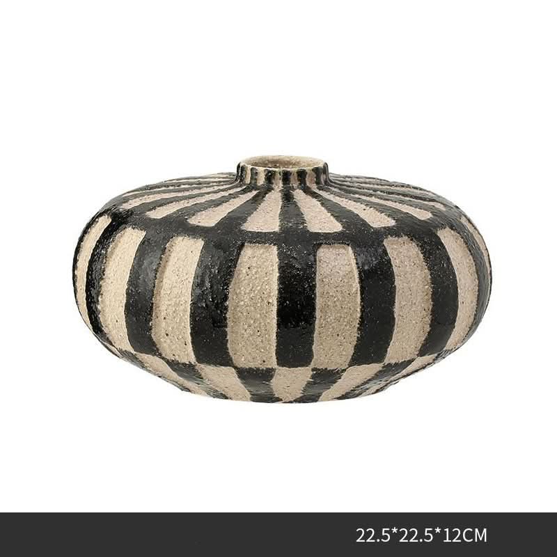 Wabisabi retro handpainted ceramic flower vase with black and beige stripes.