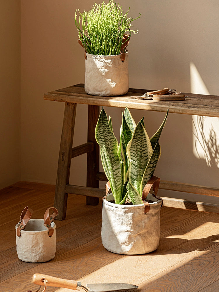 Rustic Canvas Plant Pots with Leather Handles (Set of 3) in natural light.