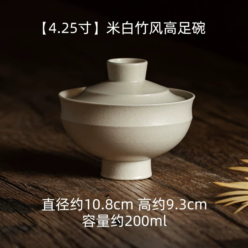 Small, lidded ceramic bowl on a pedestal base (200ml capacity) with horizontal ridges.