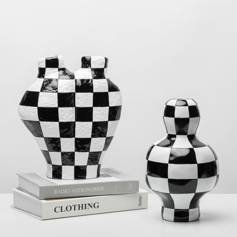 Black and white checkered vase, modern ceramic home decor, artistically designed.