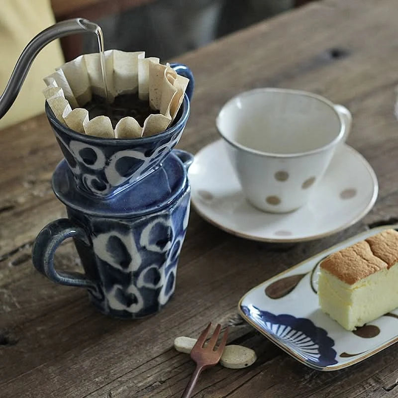 Hand-painted Japanese-style blue & white ceramic dripper, server & mug set.