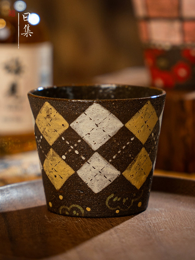 Traditional Japanese hand-painted ceramic cup with argyle pattern, perfect decorative tea cup gift.