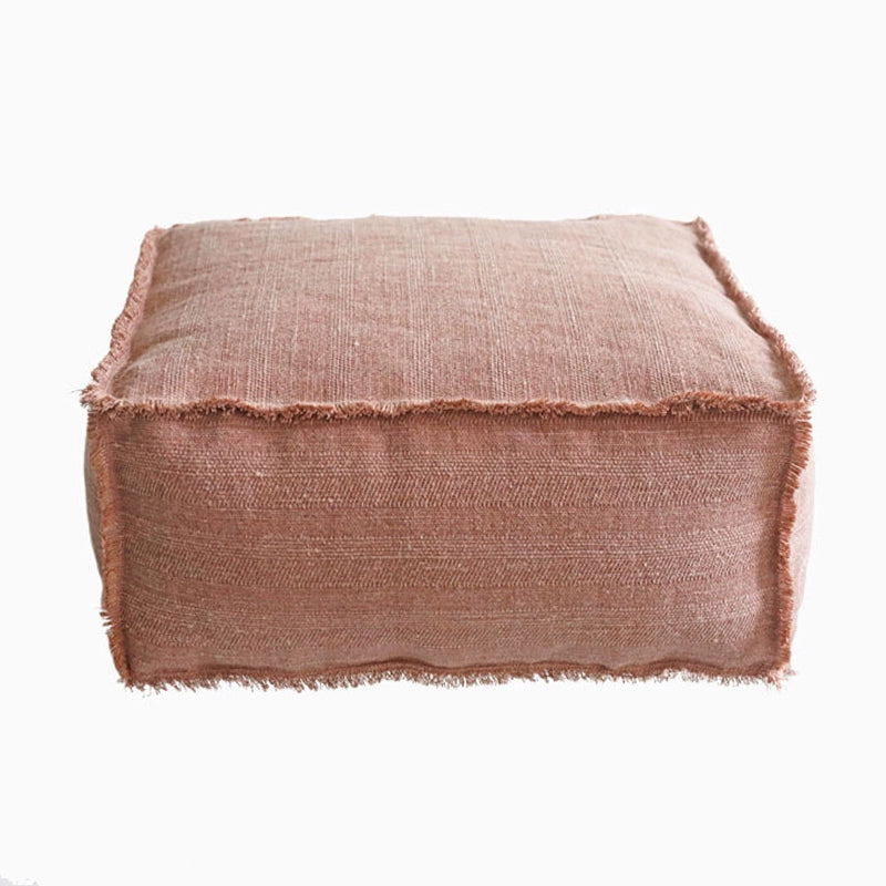 Rustic Square Fabric Ottoman in warm taupe with frayed edges, for living room or meditation space.