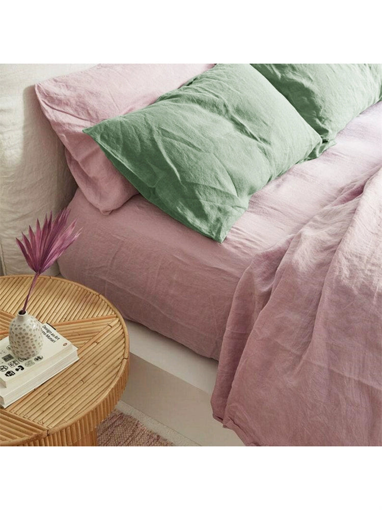 Soft pink & sage green natural linen bedding set.