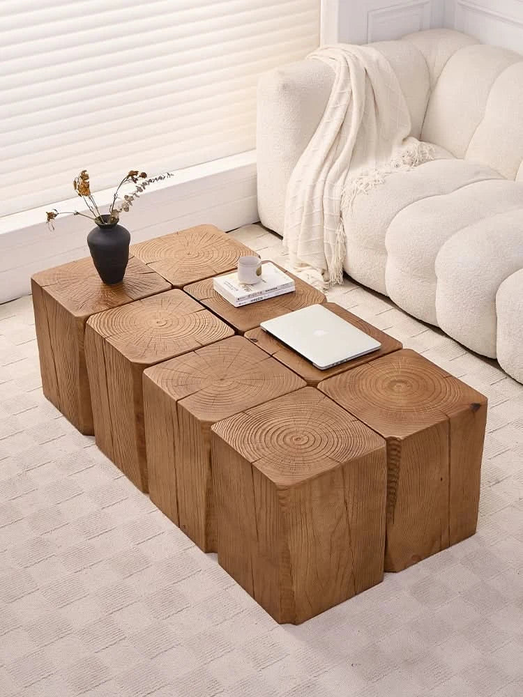 Rustic Wooden Coffee Table - Wabi-Sabi Style Log Cube Side Table with laptop and book.
