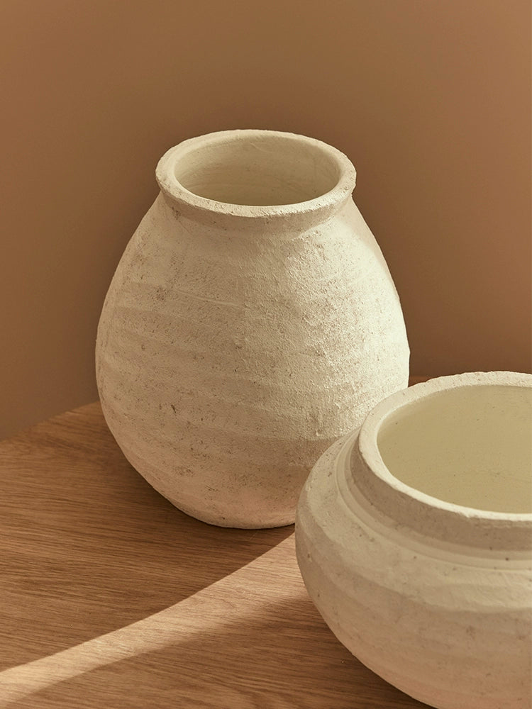 Set of Two White Ceramic Vases, rustic home decor on wooden surface