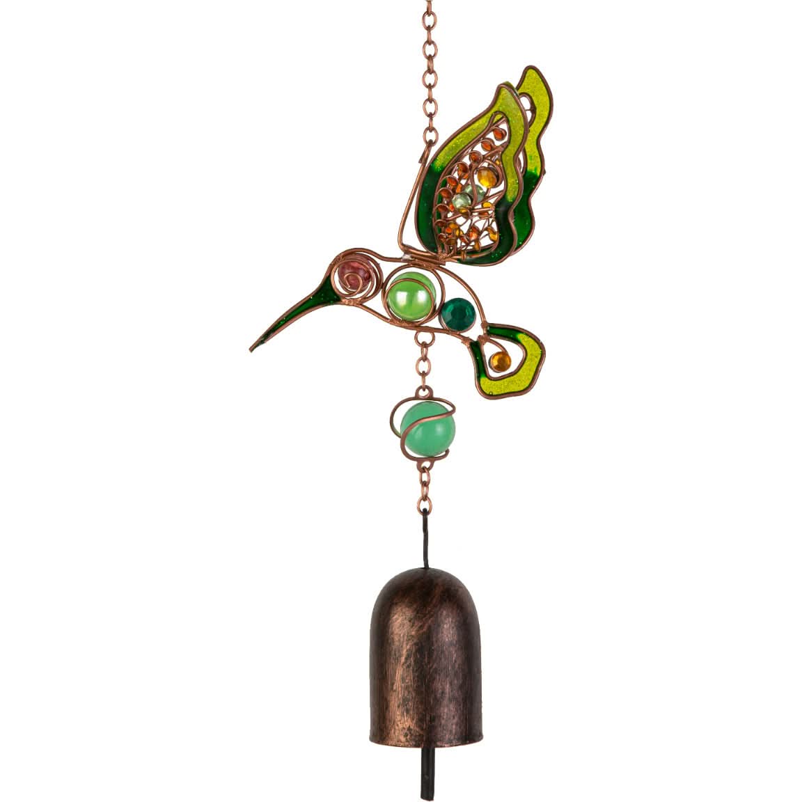 Green stained glass butterfly wind chime with copper accents and a bronze bell.