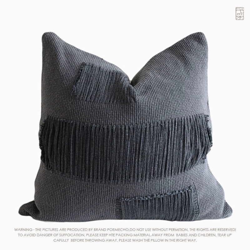 Gray woven throw pillow with fringe details.  Unique design, handcrafted look. Set of 4.