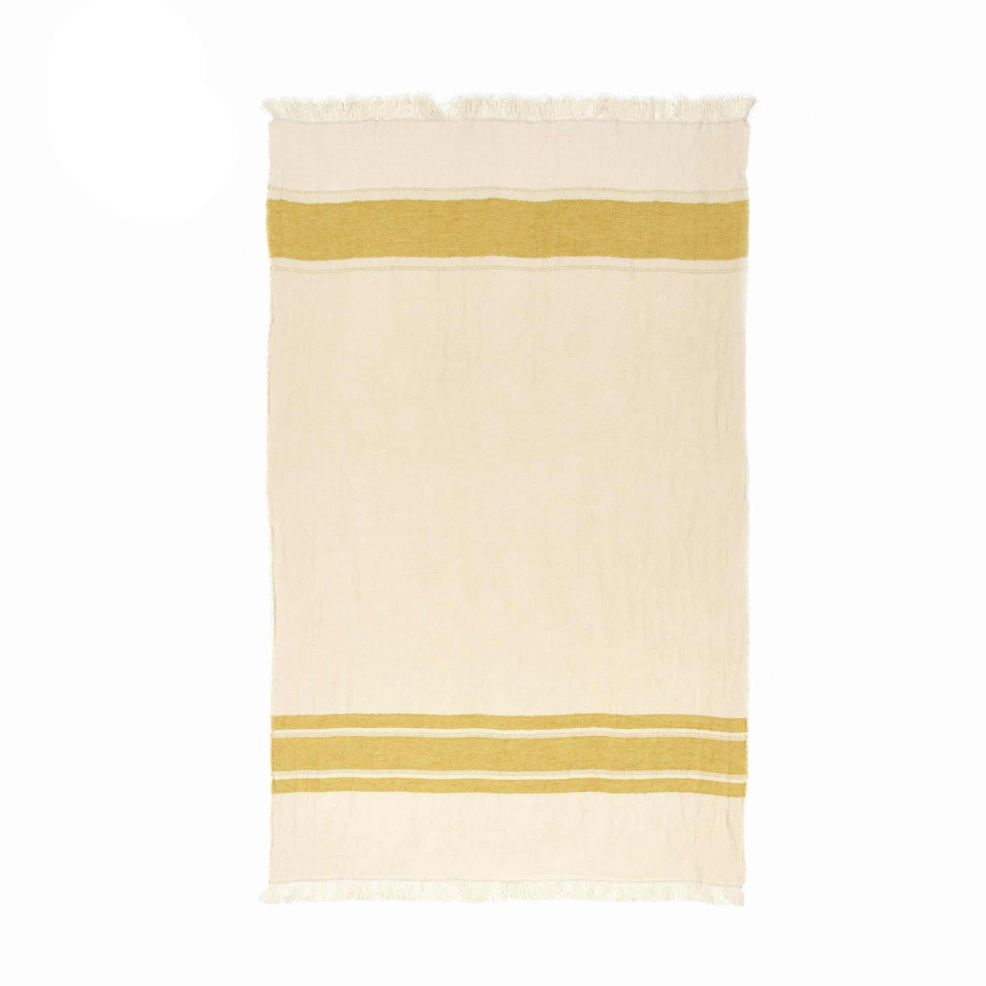 Cozy Striped Linen Throw Blanket in cream with mustard yellow stripes and fringe.