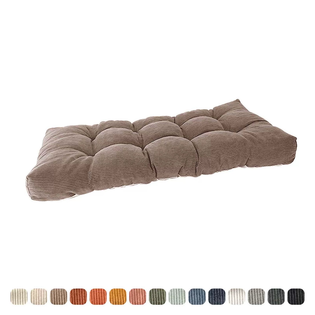 Light brown/taupe corduroy tufted long seat cushion viewed from the opposite side with color swatches.