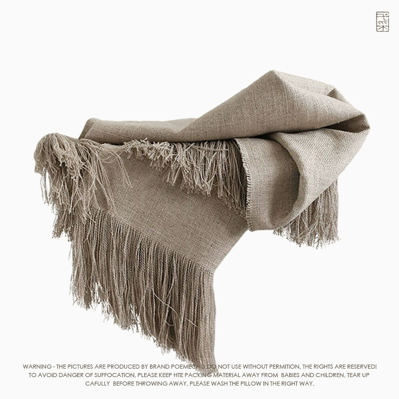 Beige linen table runner with tassels, rustic woven tablecloth for home decor