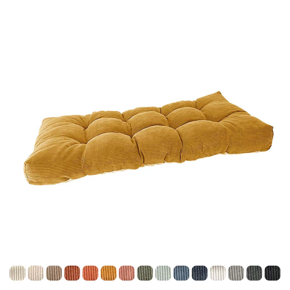 Tufted, long deep gold corduroy bench cushion shown flat from the opposite angle.