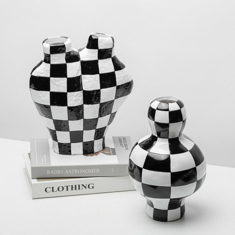 Black and white checkered vase, a unique home decor piece, displayed with books.