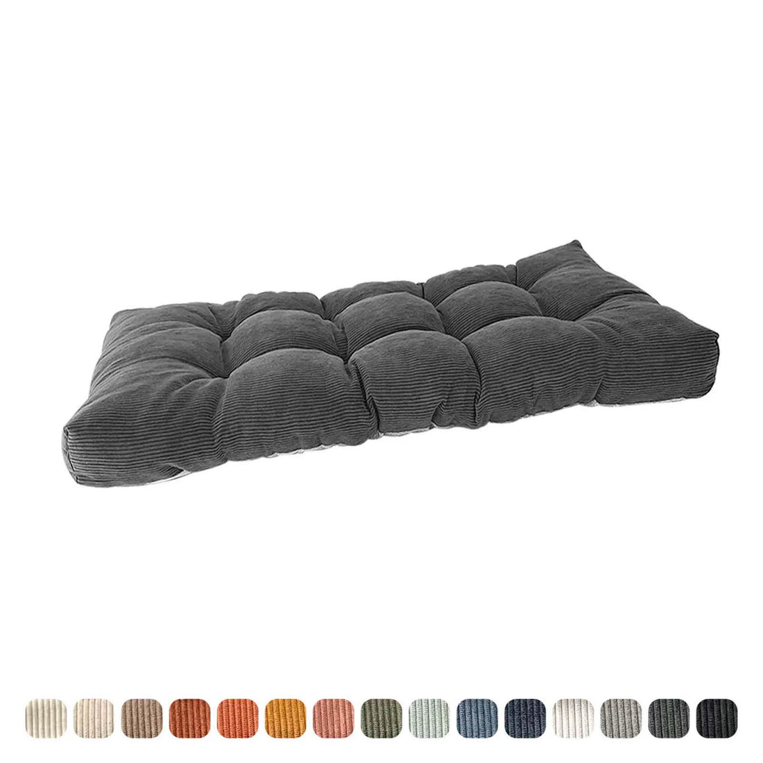 Dark gray tufted bench seat cushion viewed from the side, accompanied by a diverse color selection.