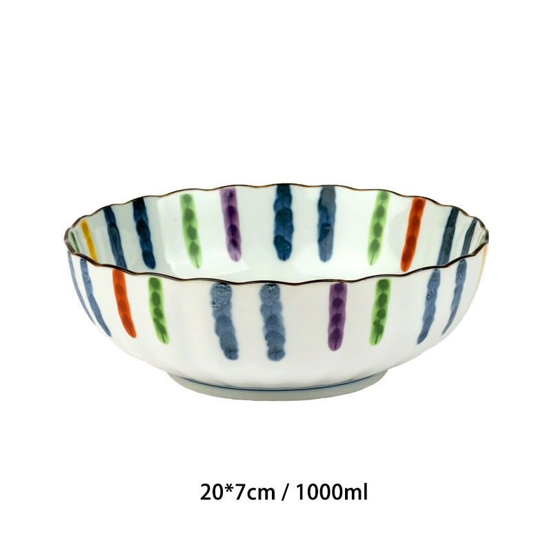 Colorful striped Japanese dinnerware set bowl with blue, green, purple, orange stripes on white ceramic.