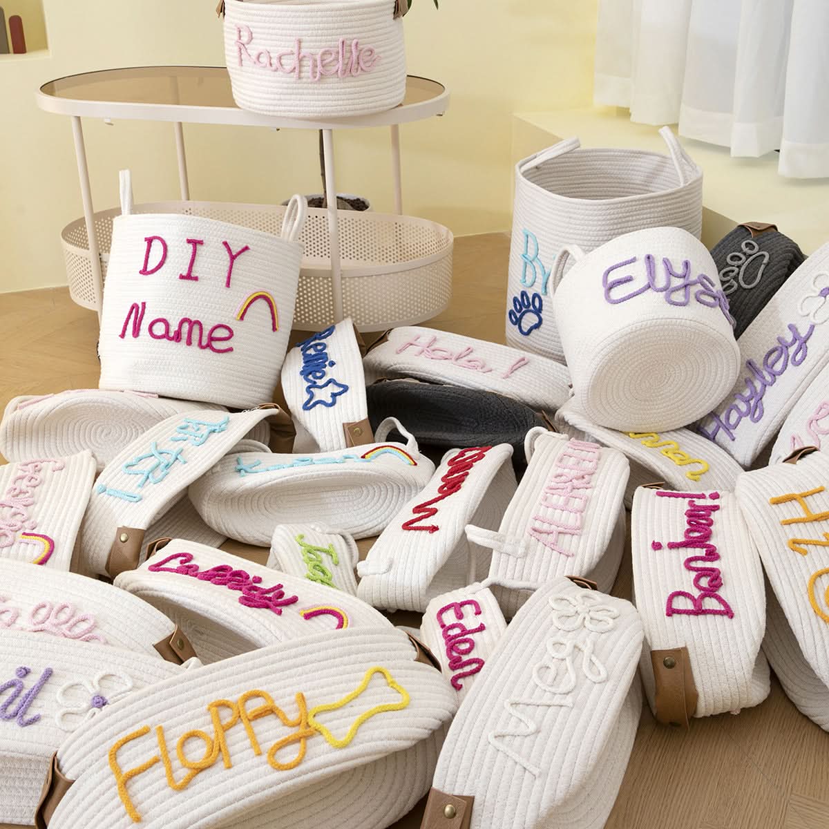 Personalized Name Woven Storage Baskets, white rope, embroidered text, home decor.