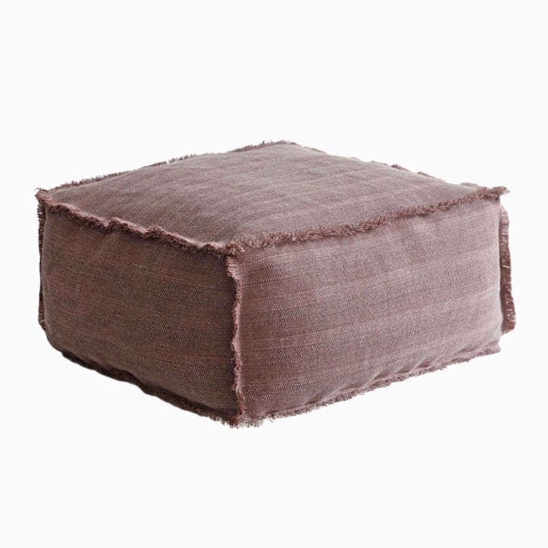 Rustic Square Fabric Ottoman in warm taupe, with frayed edges, perfect for living rooms.