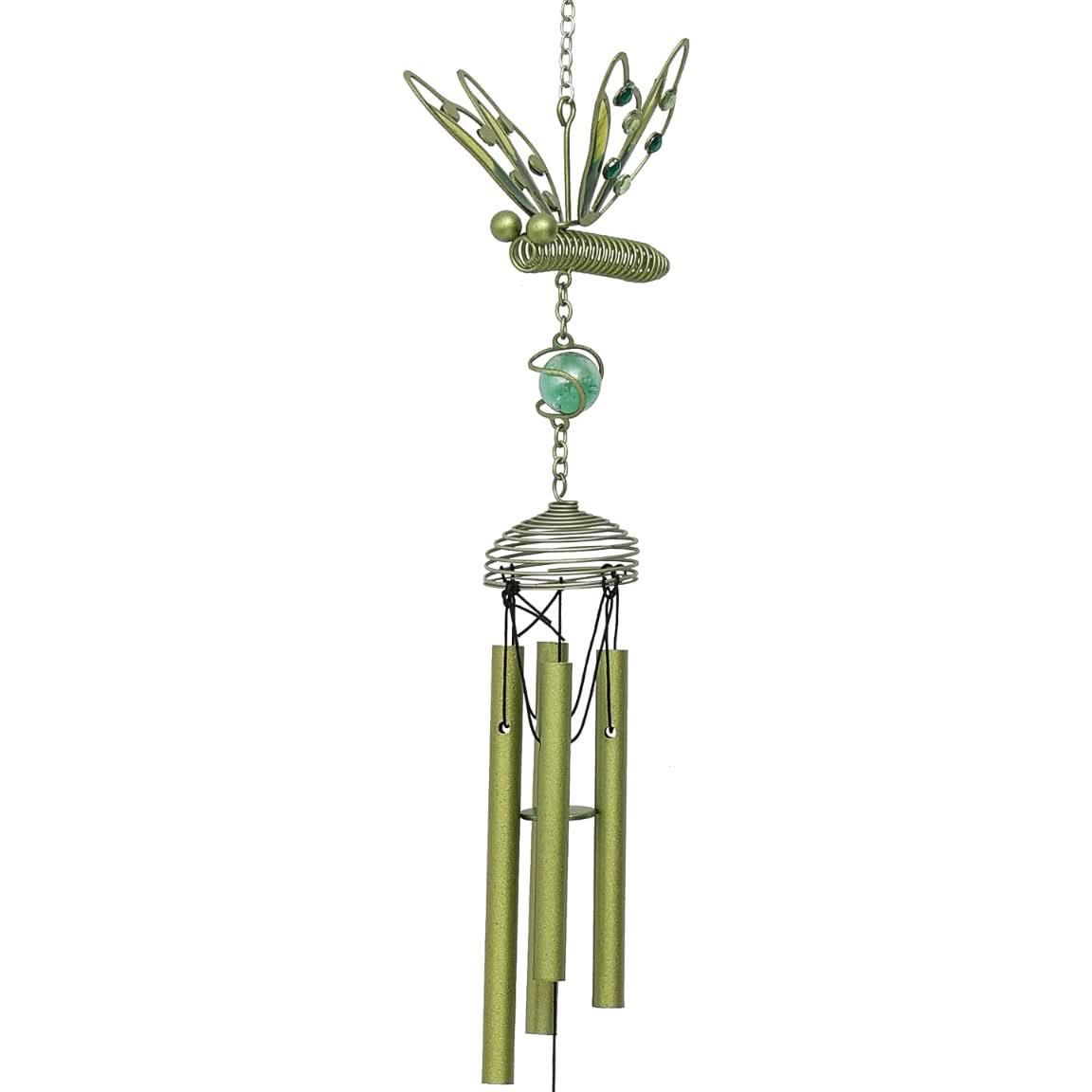 Green metal butterfly wind chime with decorative bead and hanging tubes.