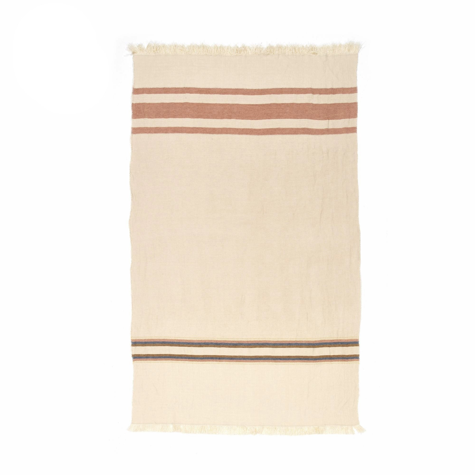 Cozy Striped Linen Throw Blanket in cream with tan and blue stripes.