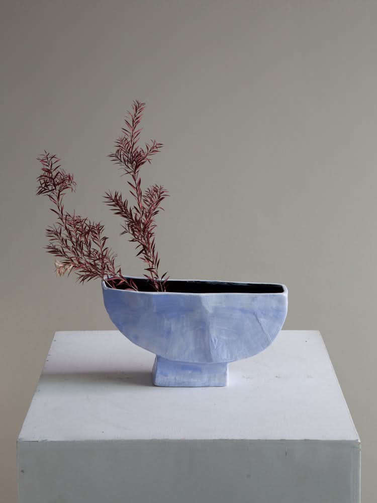 Dreamy Abstract Vase in light blue ceramic, modern art decor with red foliage