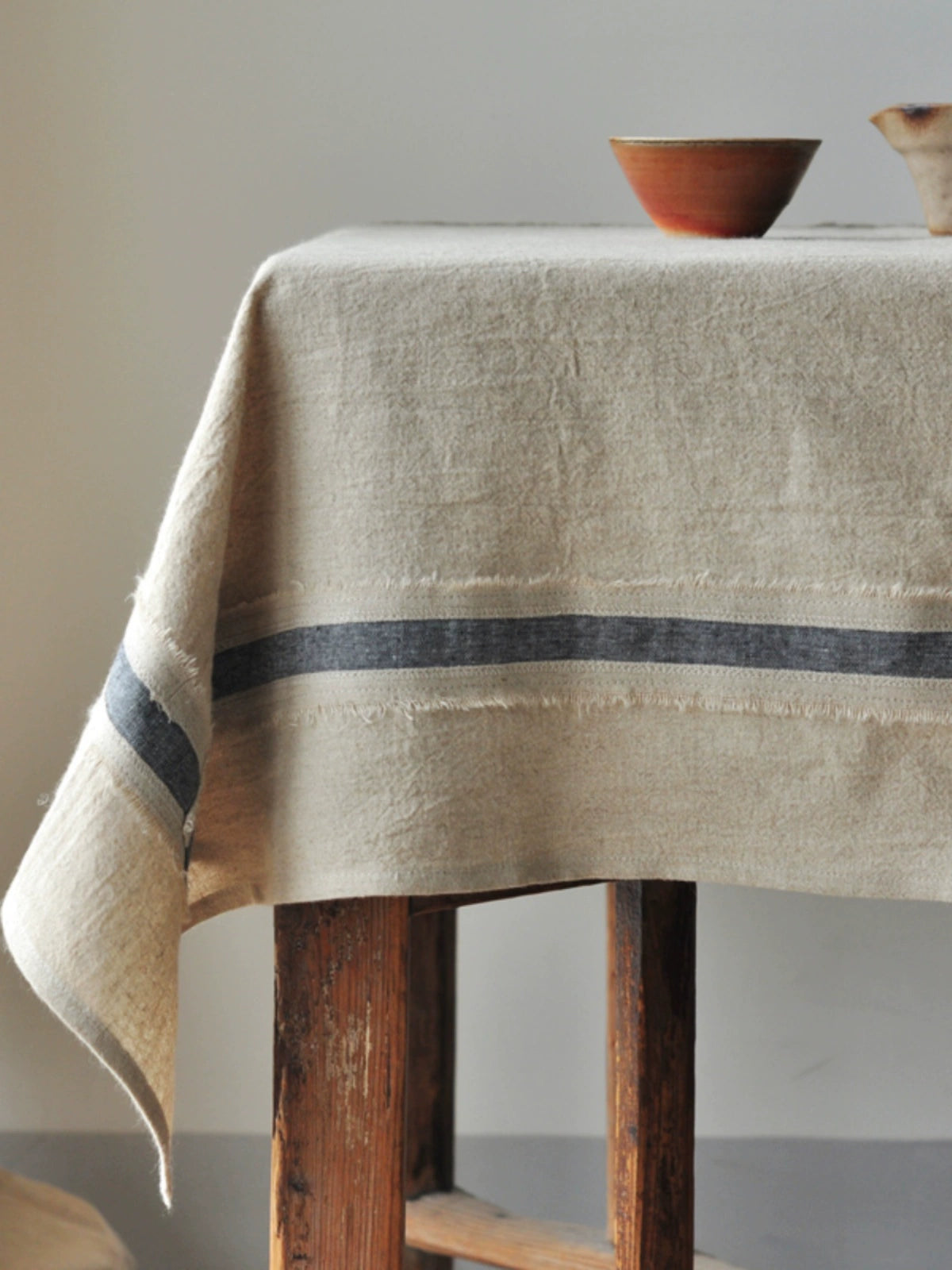 Rustic Linen Tablecloth with Stripes - Natural Beige, Farmhouse Style