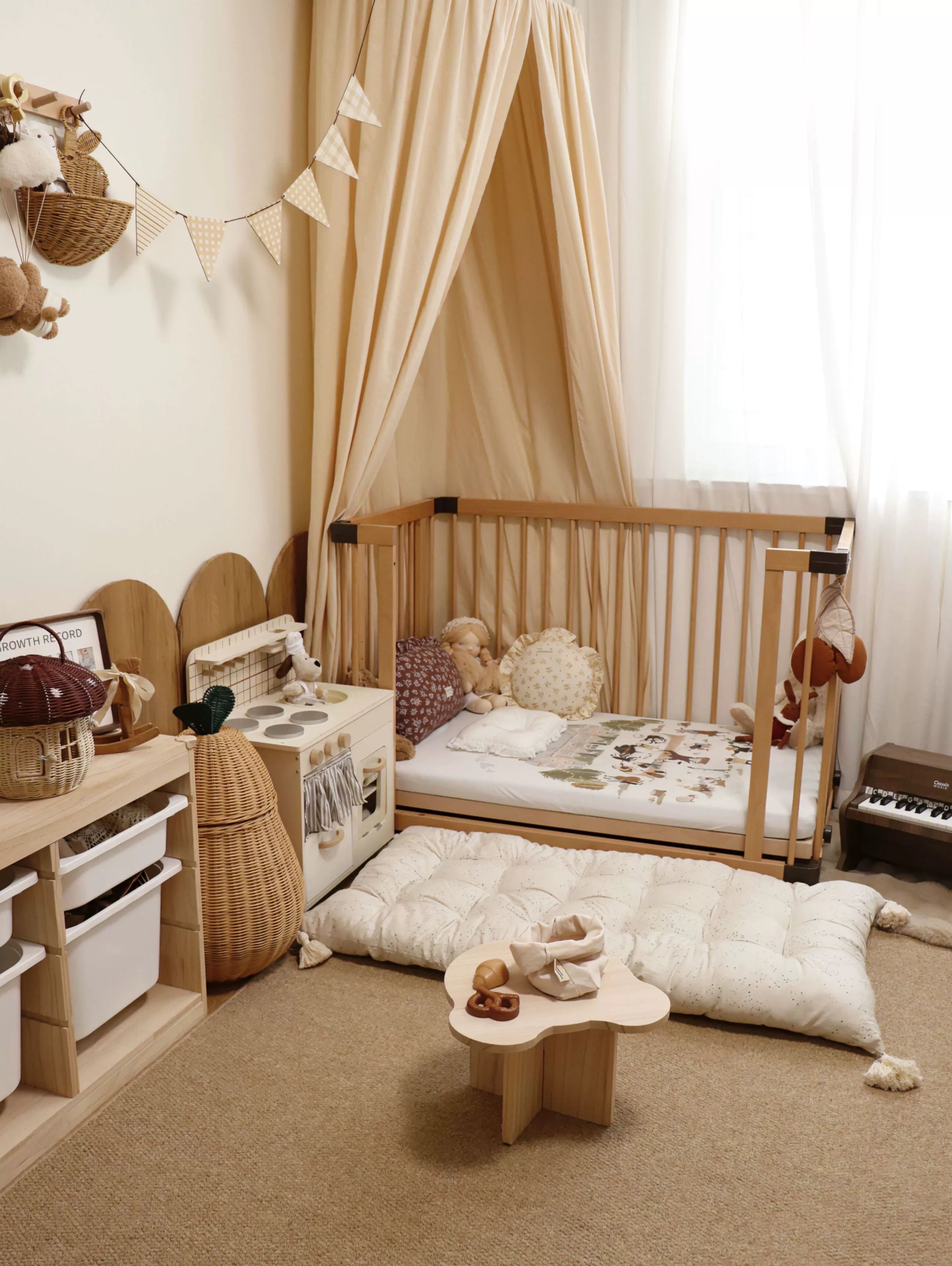 Beige dotted floor cushion with tassels, kids' room play mat & floor seating.