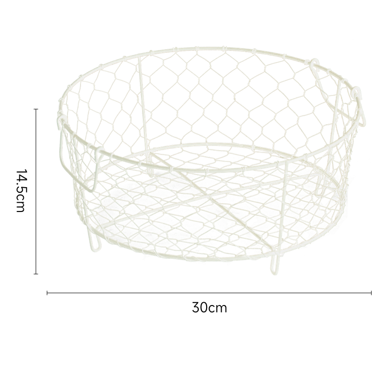 Beige wire dish basket with handles, round shape, chicken wire design, and sturdy construction.