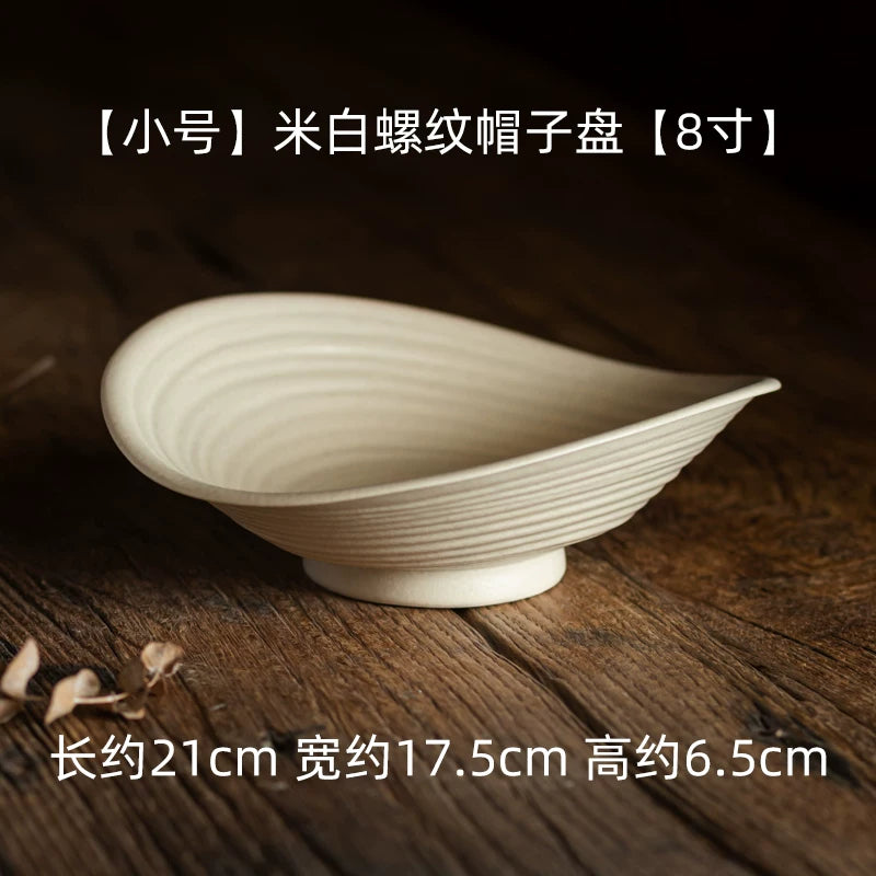 Small size rice white spiral hat plate, 8 inch equivalent, 21cm long, 17.5cm wide, 6.5cm high.