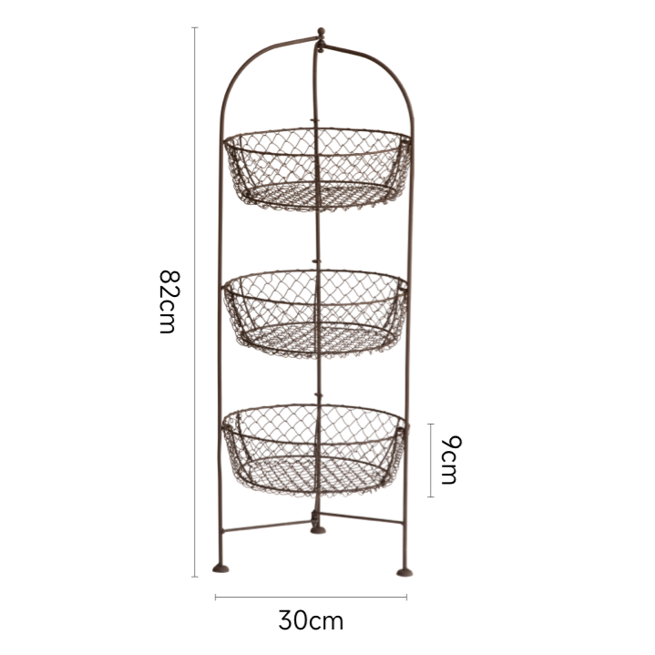 Rustic 3-tier wire fruit basket stand. Dark brown metal wire construction. Round baskets on each tier. Kitchen or dining organizer.