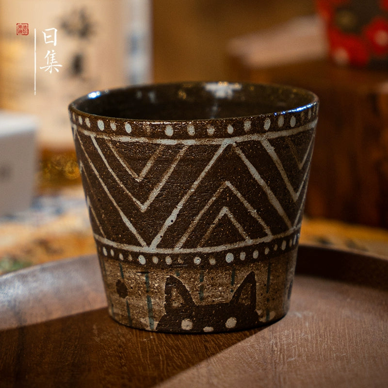 Traditional Japanese hand-painted ceramic cup with cat design, decorative tea cup