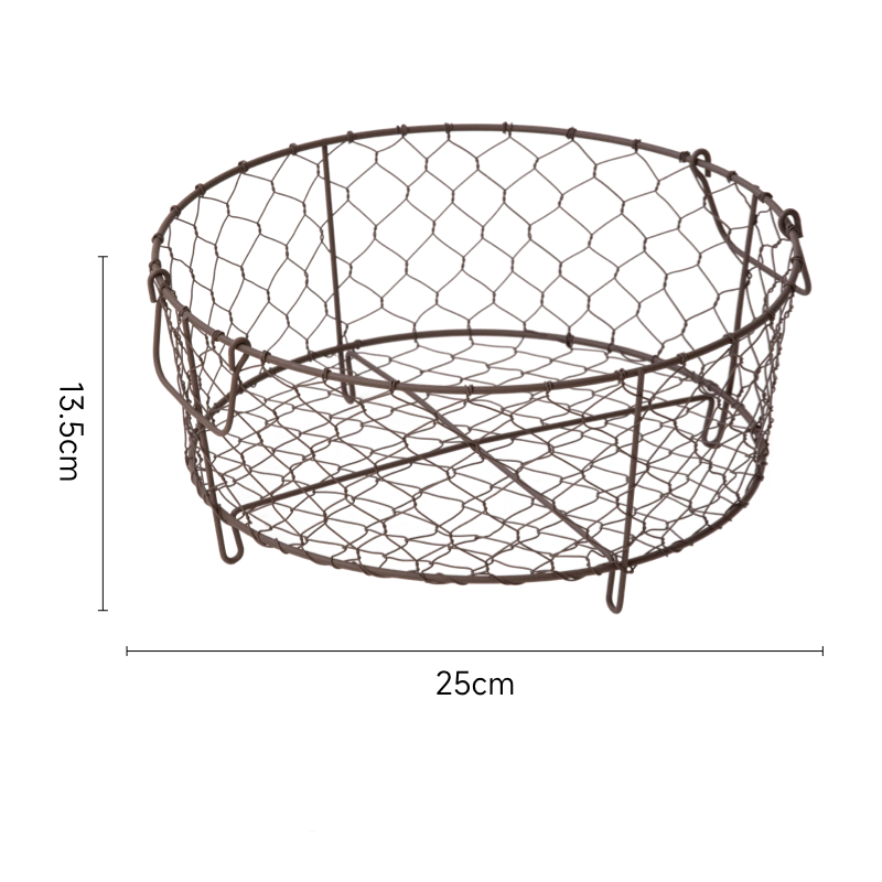 Round beige wire basket with handles, perfect for kitchen storage.  Durable wire construction.  25cm diameter, 13.5cm height.