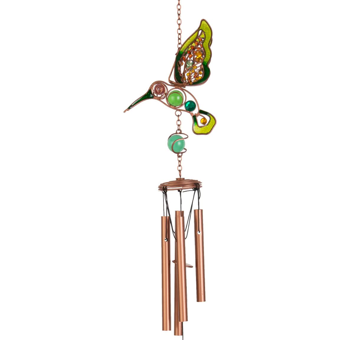 Glass and copper butterfly wind chime with green beads and bronze chimes.