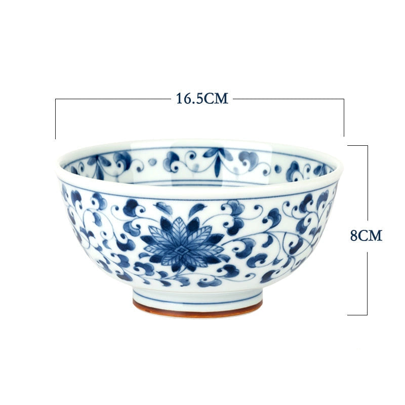 Blue and white floral porcelain bowl with traditional Chinese design, 16.5cm diameter, 8cm height.