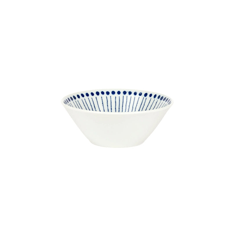 White ceramic bowl with blue dotted rim and stripes. Blue & White Dotted Rim Dinnerware Set.