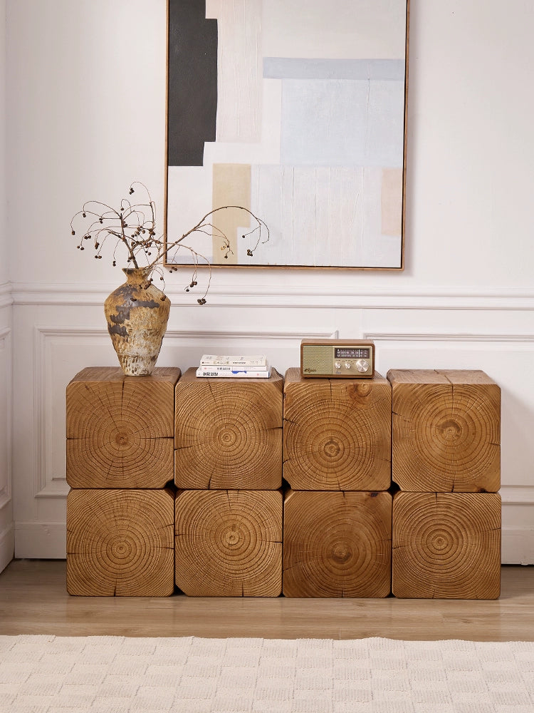 Rustic Wooden Coffee Table - Wabi-Sabi Style Log Cube Side Table