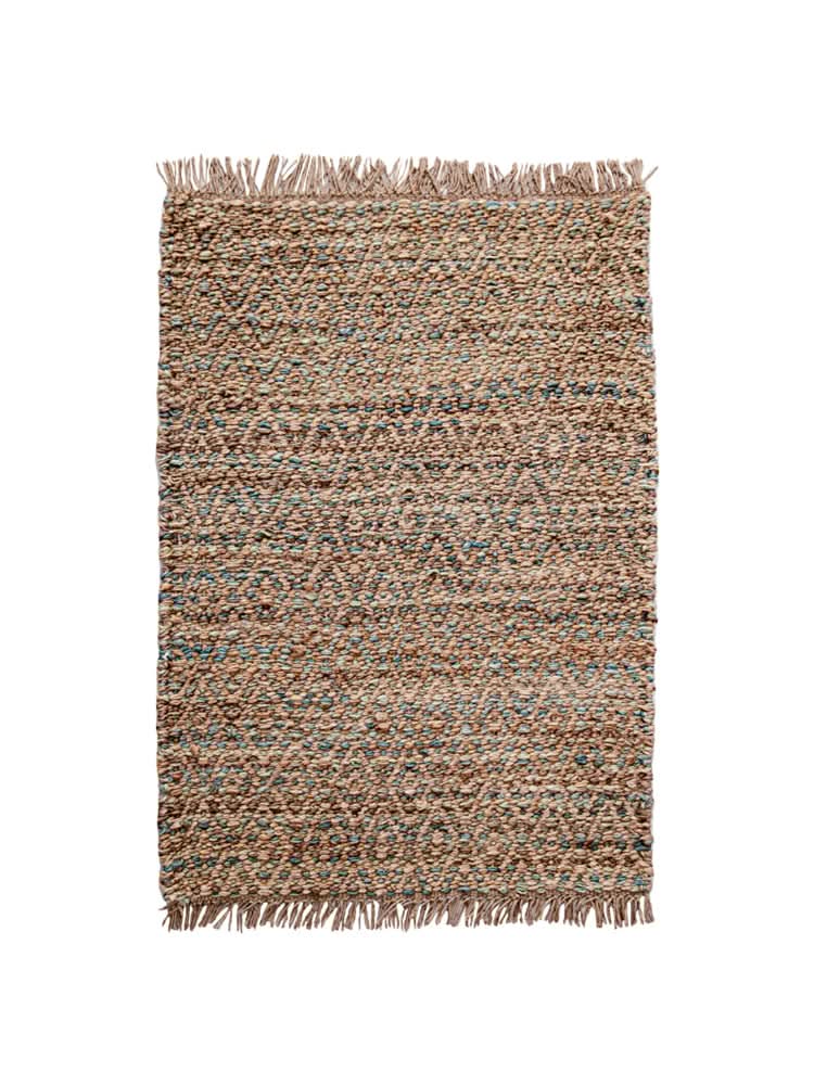 Woven Natural Area Rug with fringe in earthy tones and subtle blue accents.