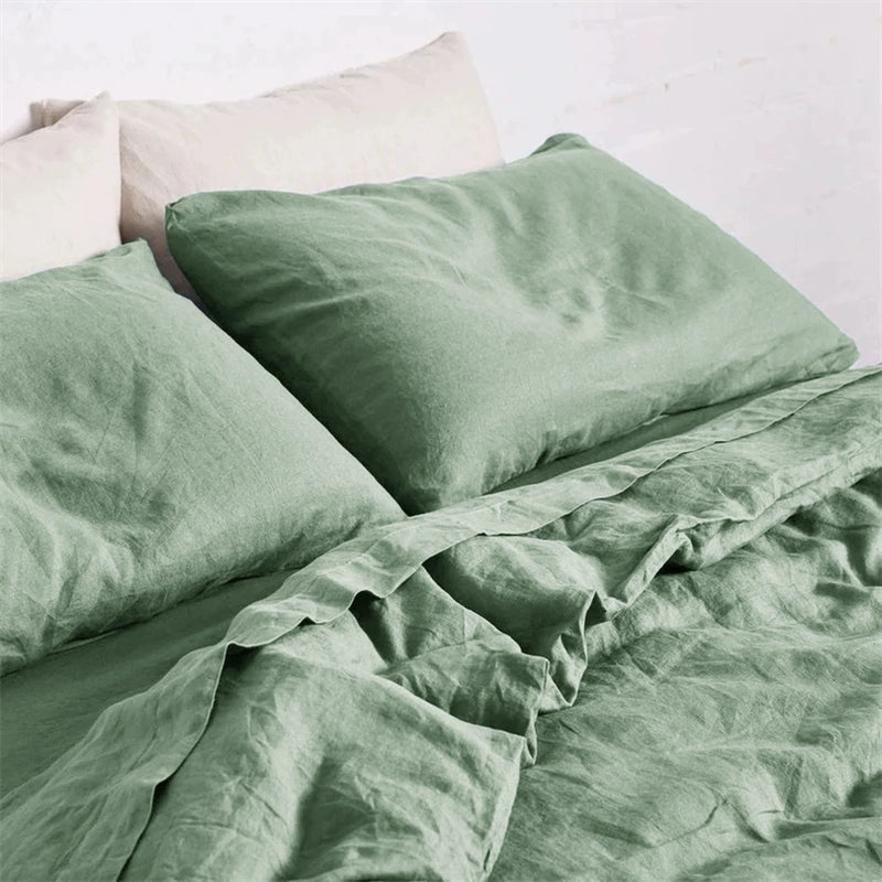 Sage green natural linen bedding set with soft, comfortable texture.