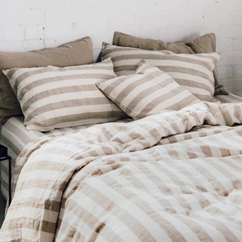 French Linen Striped Bedding Set: cozy, striped duvet & pillowcases in natural tones.