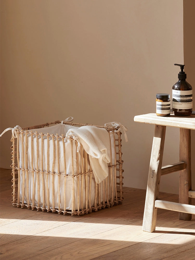 Natural Rattan Storage Basket - Square woven basket with white liner & folded blanket, home decor.