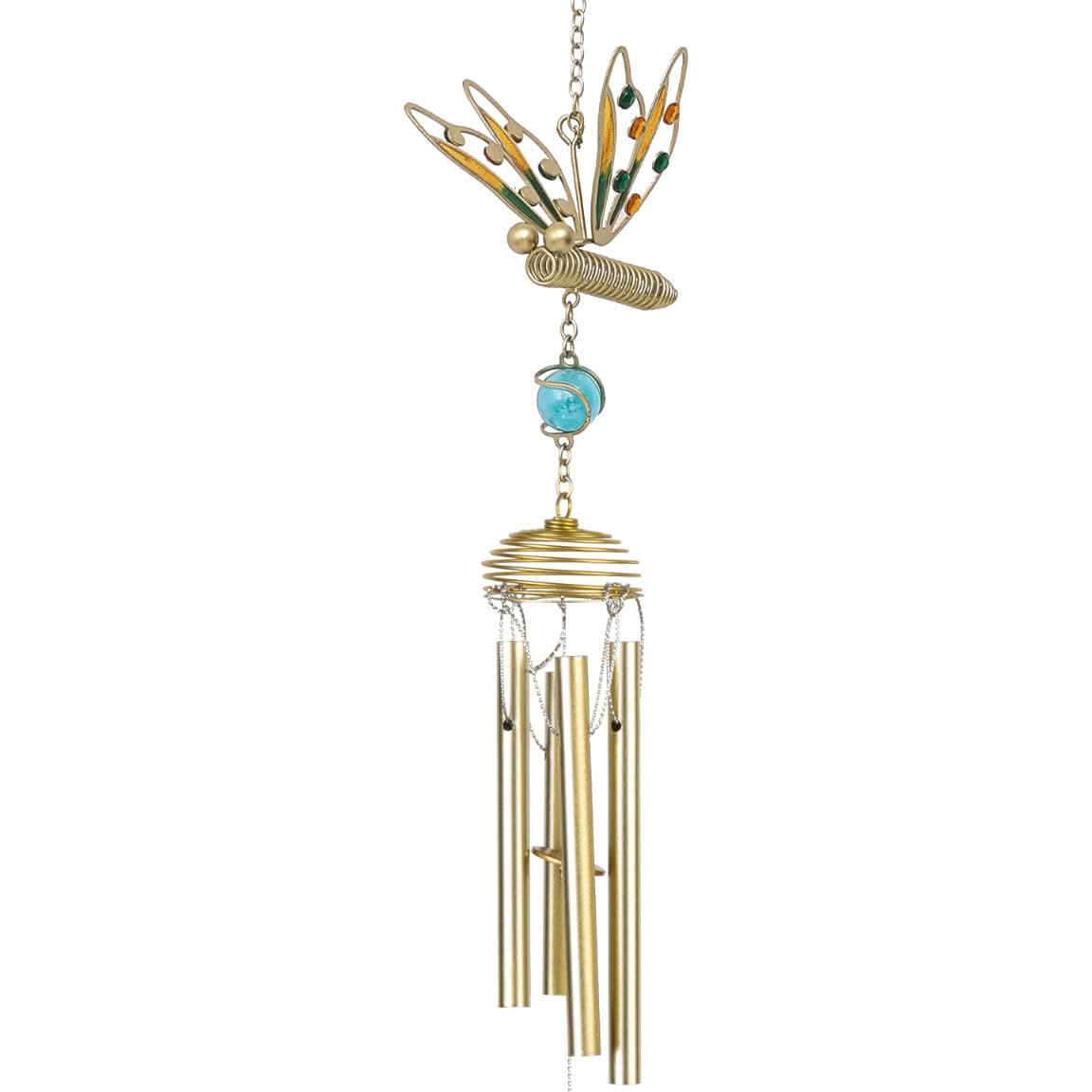 Gold butterfly wind chime with turquoise bead and decorative tubes.