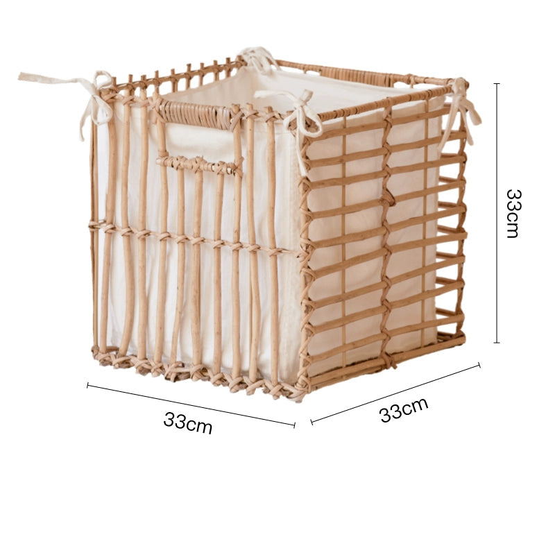 Natural rattan storage basket, square woven basket with white fabric liner, 33cm home decor.