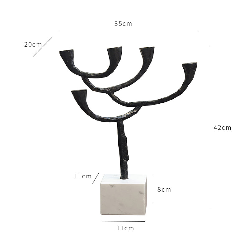 Modern Black Metal & Marble Candle Holder with tree-like structure on a marble base