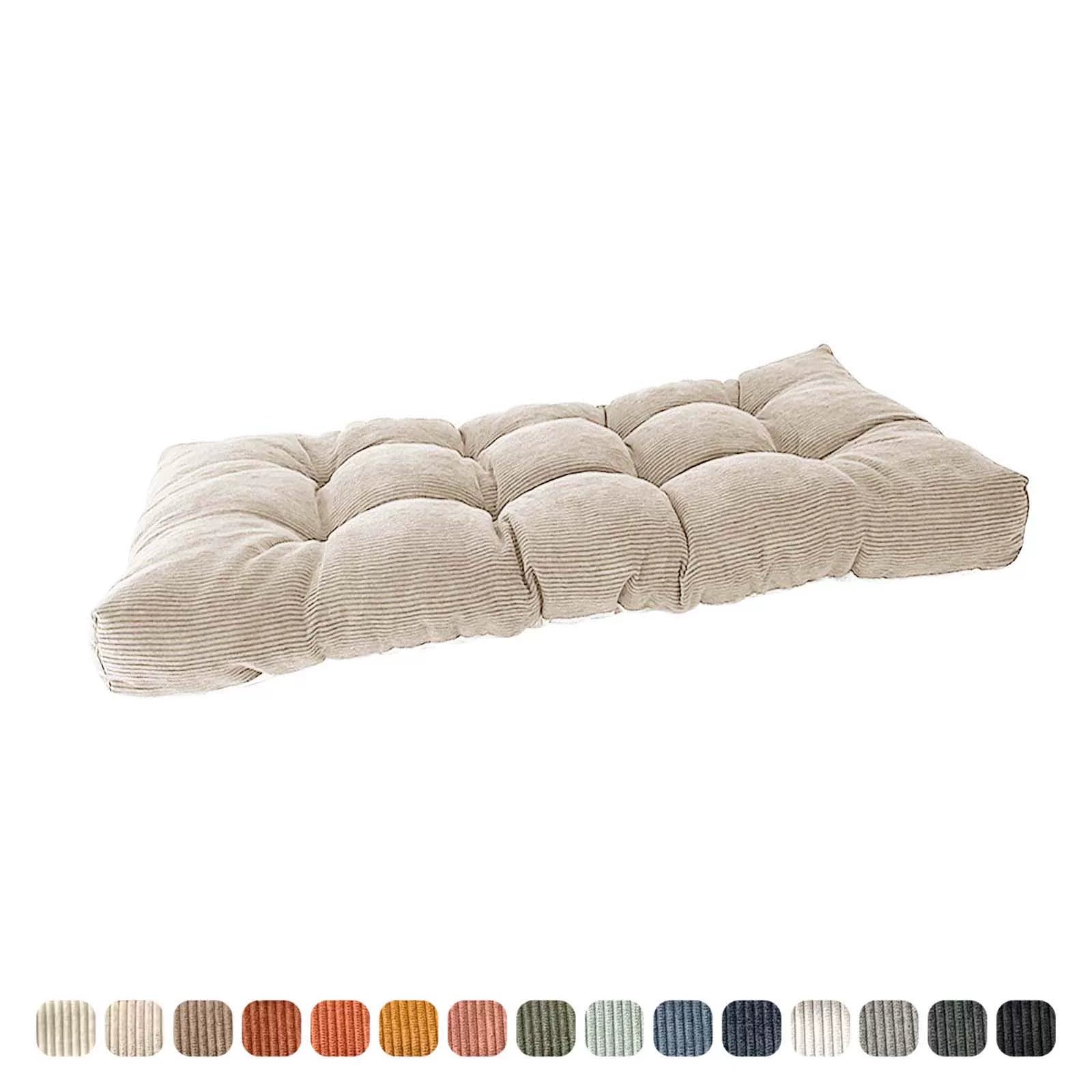 Tufted, long cream corduroy seat cushion for indoor/outdoor use shown with color swatches.