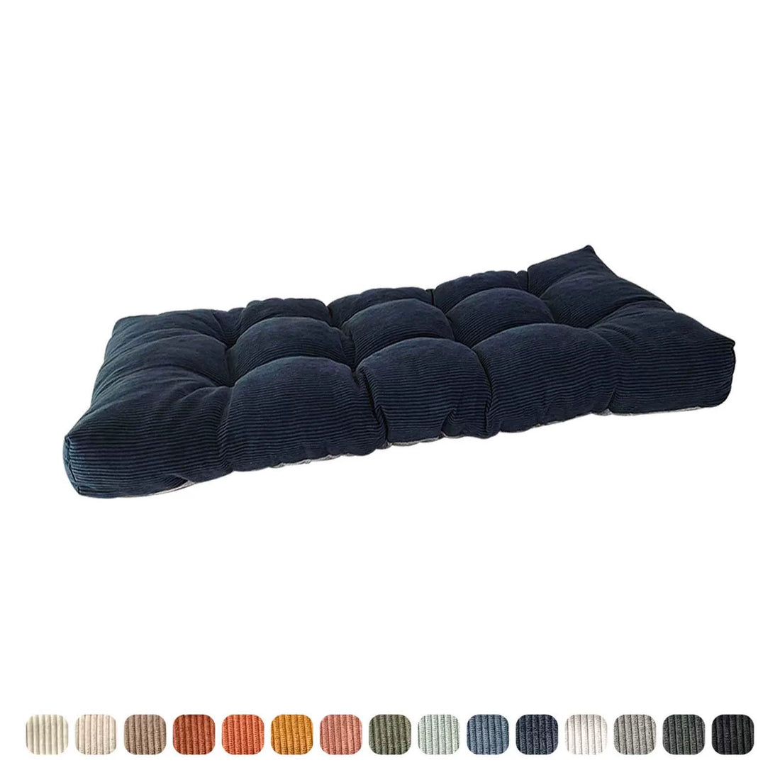 Long, dark blue corduroy bench cushion with defined tufts, viewed from the side.