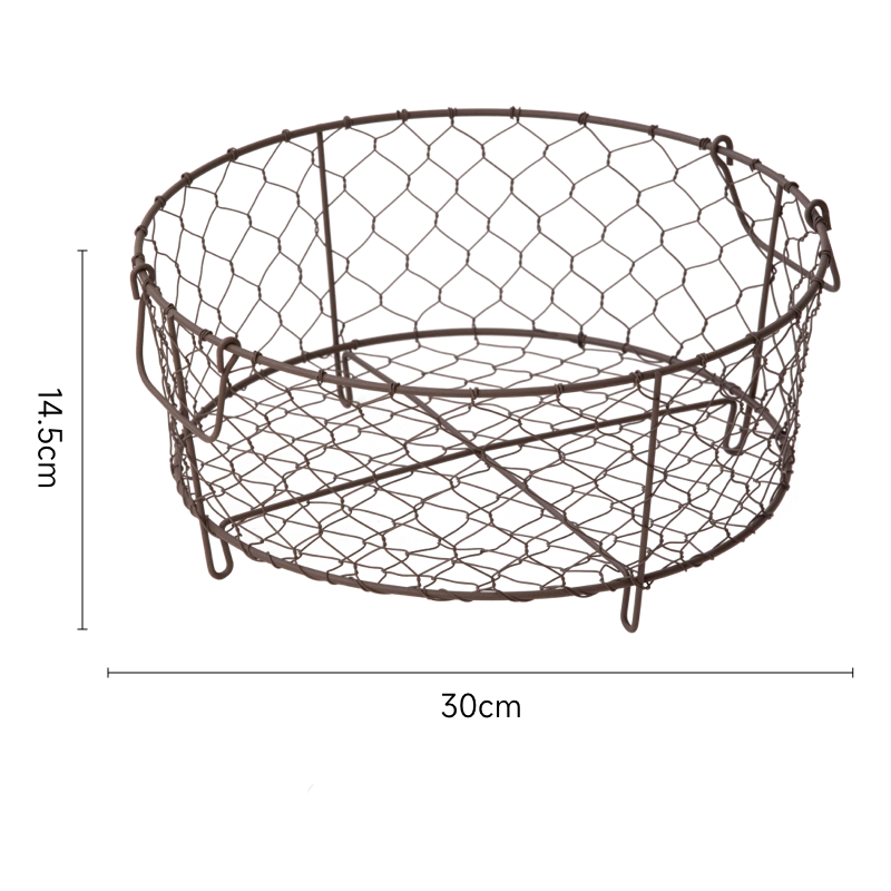 Beige wire dish basket with handles. Kitchen, dining, serving storage.