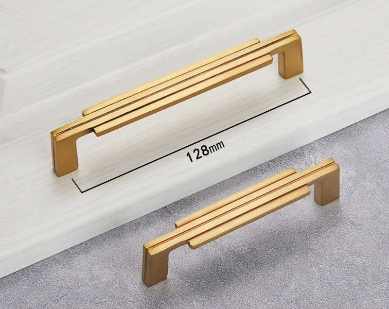 Gold & black copper modern geometric cabinet handles, showing 128mm size.