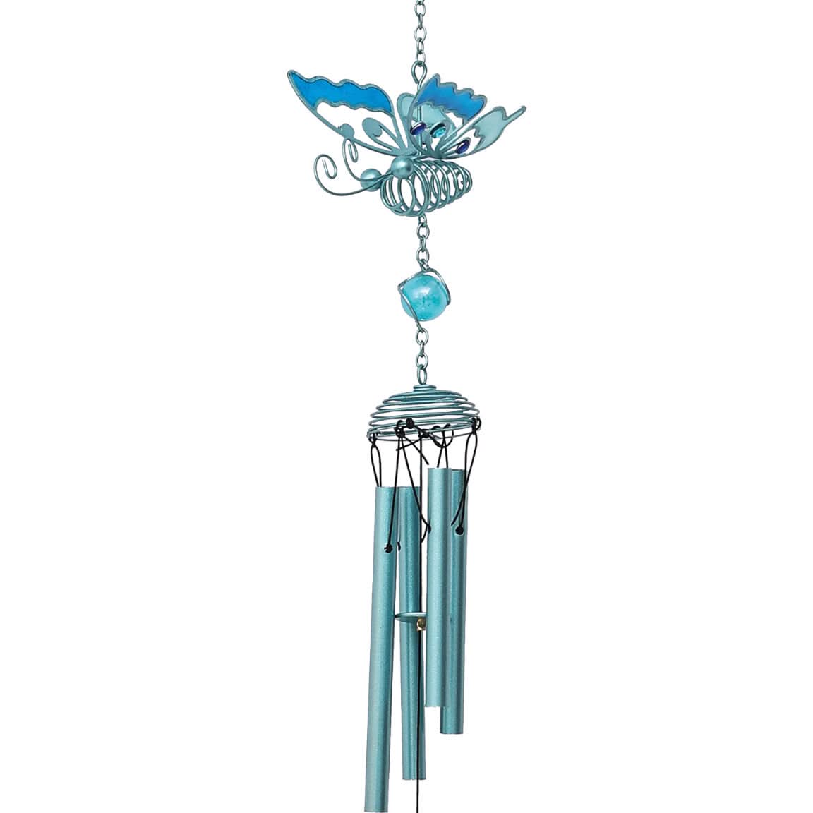 Blue metal butterfly wind chime with glass bead and aluminum tubes, perfect home decor.