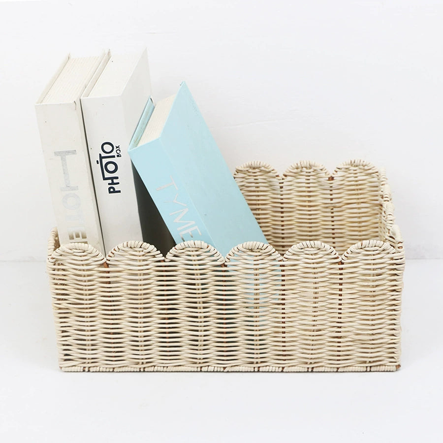 Light beige rattan storage basket with scalloped edges.  Three baskets, one shown, are ideal for home organization.