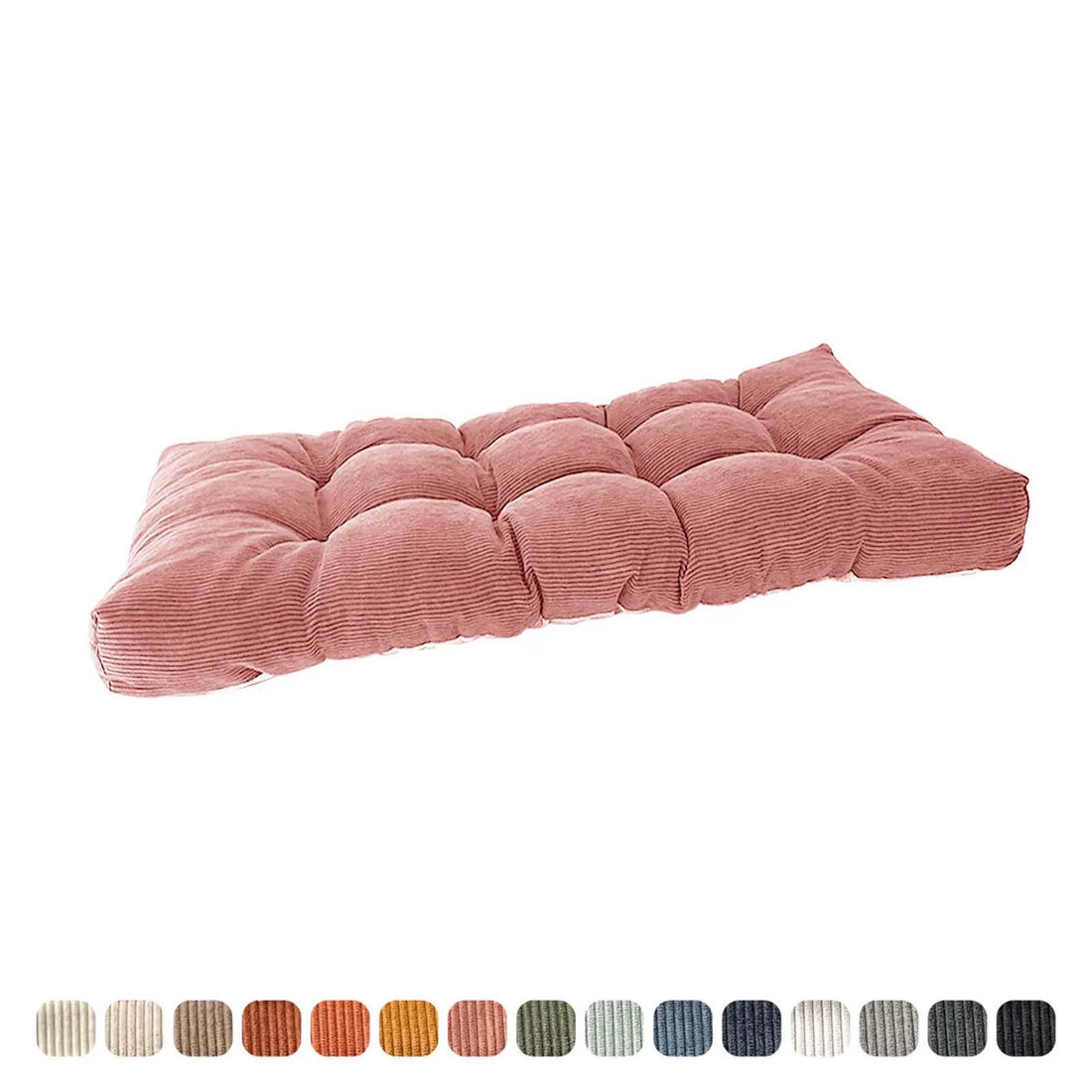 Corduroy tufted bench cushion in dusty rose pink color, photographed from the opposite angle with color swatches.