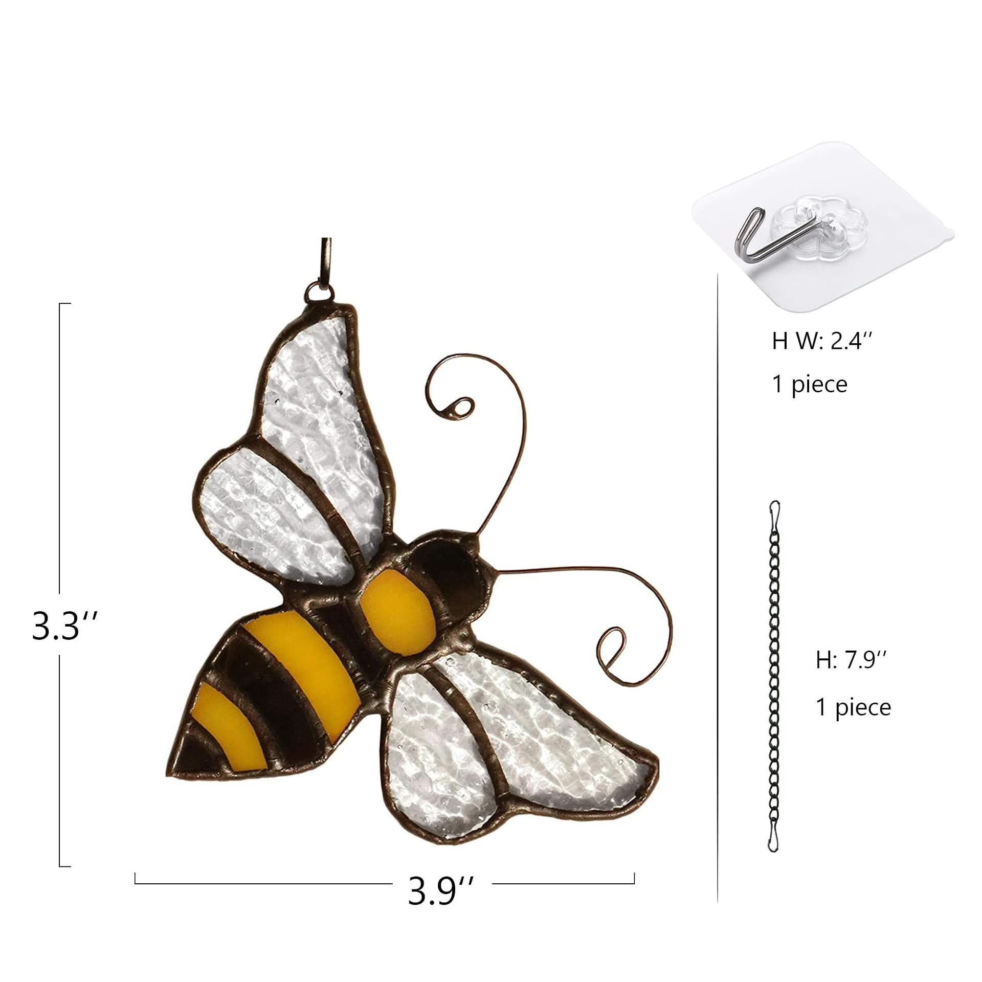 Stained Glass Bumblebee Suncatcher: yellow and clear glass with bronze solder, 3.3" H x 3.9" W.